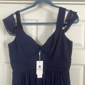 Navy, long, off the shoulder, side slit dress. Size 12.